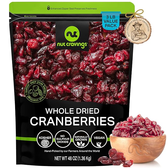 NUT CRAVINGS - Dried Whole Cranberries, Lightly Sweetened, Unsulphured (48oz, 3 LB) Tu Bishvat Favorite - Sweet Healthy Snack, Vegan, Kosher, Resealable Bag