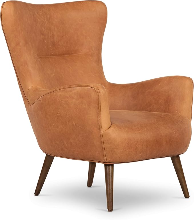 Poly & BARK Aida Leather Lounge Chair Set of 2 – 40.5” Mid-Century Accent Chairs for Living Room or Bedroom – Full-Grain Italian Leather, Feather-Down Comfort, Solid Wood Legs – Cognac Tan