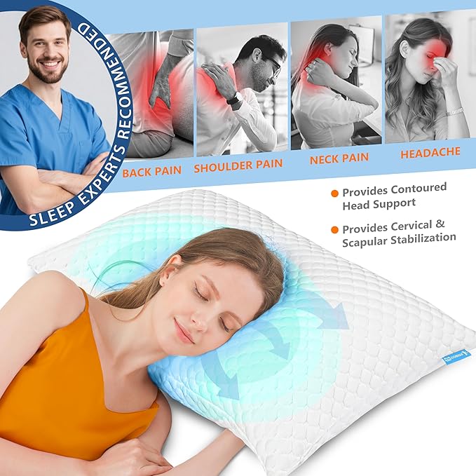 Cooling Pillows Queen Size Set of 2, Memory Foam Pillows with Zipper, Firm Bed Pillows Adjustable for Hot Side Back Stomach Sleepers