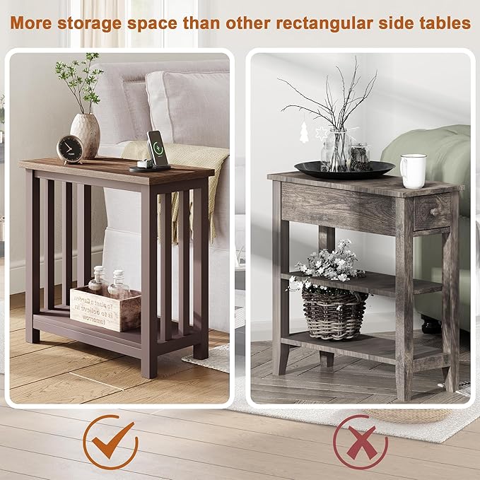 ChooChoo Mission End Tables Set of 2, Narrow Side Tables for Small Spaces, Night Stands with Storage Shelf for Living Room and Bedroom, Espresso