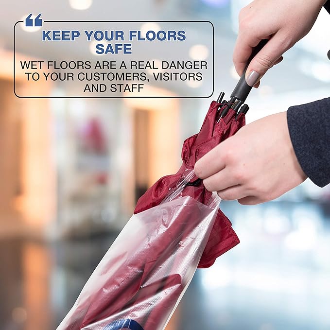 Umbrella Bag Wrapper Station with Sign Frame - Wrap Umbrellas for Rain - Be Safe, Wrap it up! - 100 Long Bags Included