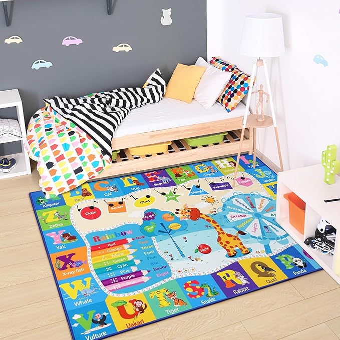 Chicrug Educational Kid Area Rug for Playroom, 5x7 Feet TPR Non Slip Kids Classroom Carpet Rug for Learning ABC Animal, Shape Color Fruit, Washable Play Mat Rug for Children Nursery Toddler Room Decor