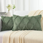 decorUhome Spring Throw Pillow Covers 12x20 Inch Set of 2, Soft Plush Faux Fur Wool Lumbar Olive Green Couch Pillow Covers, Decorative Neutral Pillow Cases for Bed Sofa Living Room Home Decor