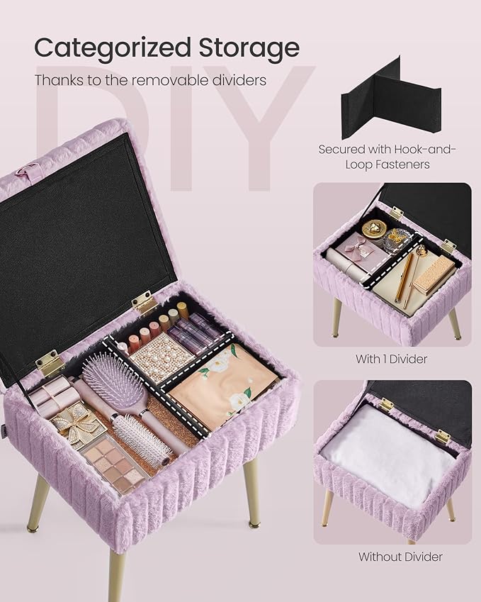 SONGMICS Vanity Stool Chair with Storage, Makeup Stool, Footrest Footstool Ottoman, Metal Legs, Adjustable Feet, for Living Room, Bedroom, Makeup Room, Light Lilac ULOM505PZ02