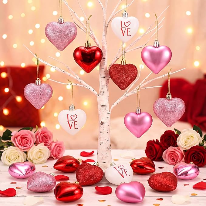 XmasExp Valentines Day Decor Heart Ornaments for Christmas Tree Decorations Set of 24 Pink Heart Shaped Bauble Perfect for Valentine's Day Wedding Anniversaries and Party Supplies