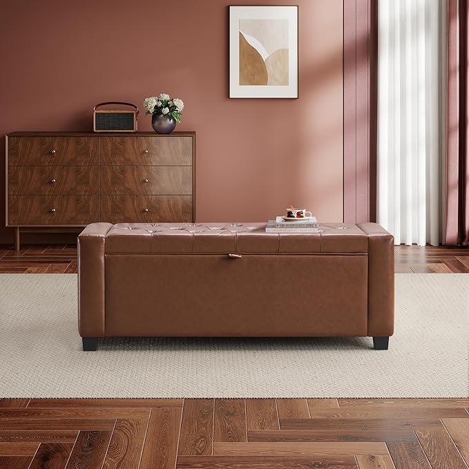 SUNWAVE Storage Ottoman Bench, PU Leather End of Bed Storage Bench with Button Tufted, Safety Hinge Lid, Large Ottoman for Bedroom, Living Room & Entryway