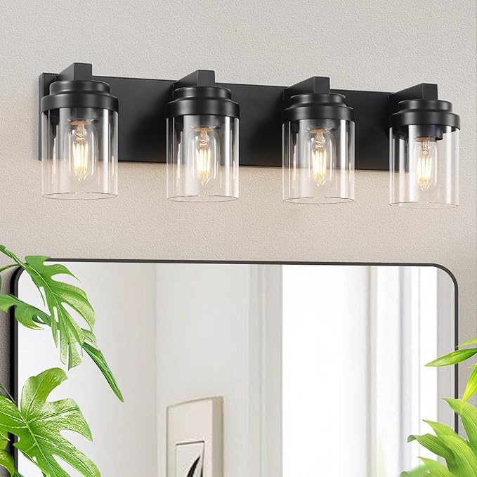 Bathroom Vanity Light, 4 Light Black Vanity Lights with Clear Glass Shade, Farmhouse Bathroom Vanity Lighting Fixtures Over Mirror for Living Room,E26