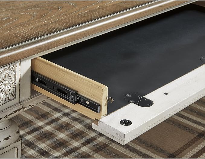Signature Design by Ashley Realyn Farmhouse Home Office Desk, 2 Drawers, Drop-down Drawer, USB Charging, Wood, 60" W x 28" D x 31" H, Chipped White and Brown