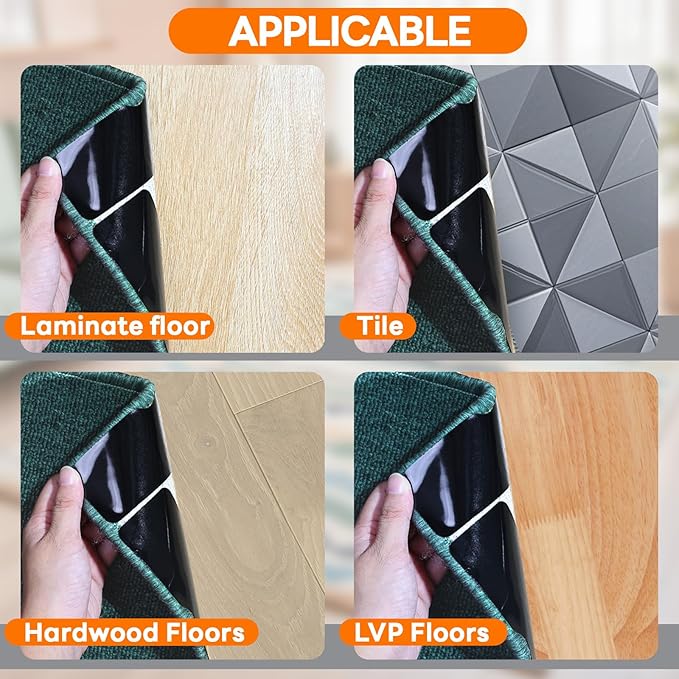Rug Carpet Non Slip Grippers, Reusable Rug Tape Pads, Strong Adhesive Carpet Grippers for Area Rugs, Keep Corners Flat, No Damaging for Floor Removable, 12Pcs