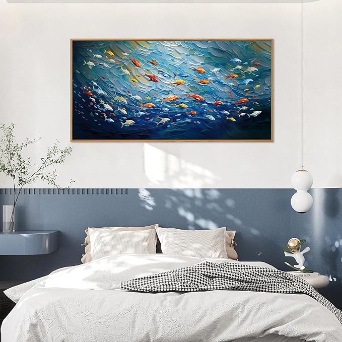 CHDITB Ocean Fish Framed Canvas Wall Art, 20"X40" Large Under The Sea Fishes Oil Painting, Modern Navy Blue Marine Fish Wall Decor, Colorful Fishes Artwork for Living Room Bedroom Office Home Decor