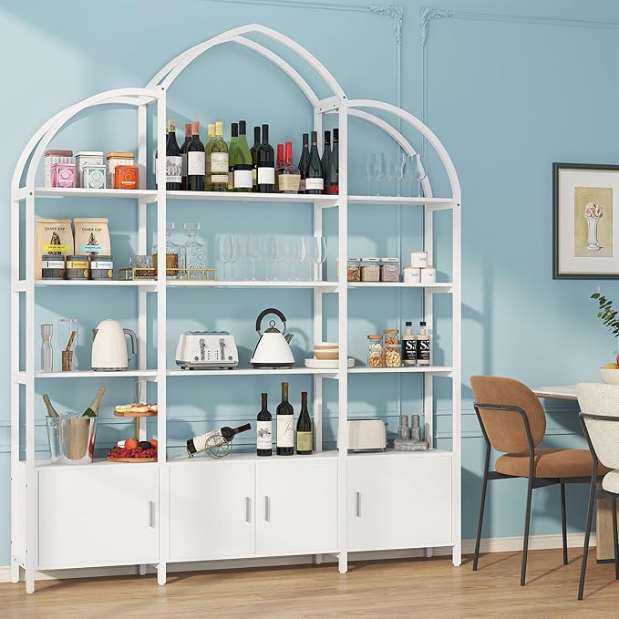 Semoic Arched Bookshelf and Bookcase with 3 Cabinets, Triple Wide 5 Tier Standing Book Shelf, Storage Display Rack Shelves, Industrial Open Bookshelf, Etagere Bookcase, White
