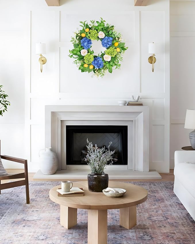 Vlorart 24” Spring Summer Wreaths for Front Door,Porch,Window-Large Artificial Hydrangea & Lemon Outdoor Wreath for Home,Farmhouse,Wedding Decor-Outside All Seasons