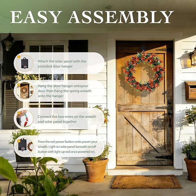 Solar Spring Wreath for Front Door 16inch Pre-lit 30LED Wreaths Spring Summer Decor for Outside Aftificial Red Floral Wreaths Home Decorations Wreath for Wall Festival Decor