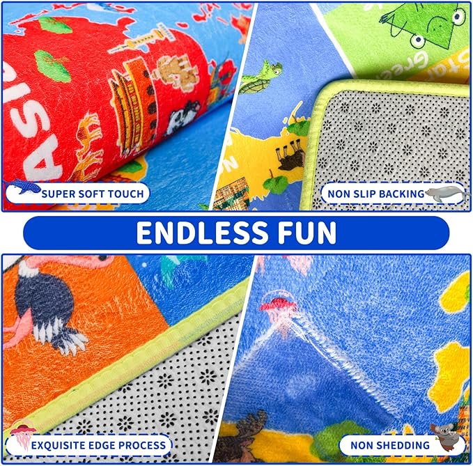 World Map ABC Kid Rug for Playroom 78.7"×59" Geography Classroom Play Rug Educational Baby Playmat Alphabet Rug for Primary School Fluffy Ployester Non-Slip Preschool Rug for Nursery Room