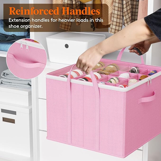 Lifewit Shoe Storage Organizer for Closet, Fabric Large Shoe Box Storage Containers with Clear Cover, Foldable Bins for Boots Heels Sneakers Fits 36-48 Pairs (Each 12-16 Pairs) 3 Pack Pink