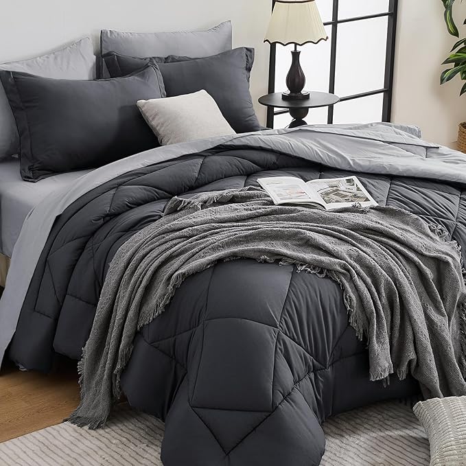 HEVUMYI Twin Comforter Set - 5-Piece All Season Bed in a Bag Twin, Ultra Soft Bedding Set with Comforter, Flat Sheet, Fitted Sheet, Pillowcases, Pillow Shams, Dark Grey & Light Grey