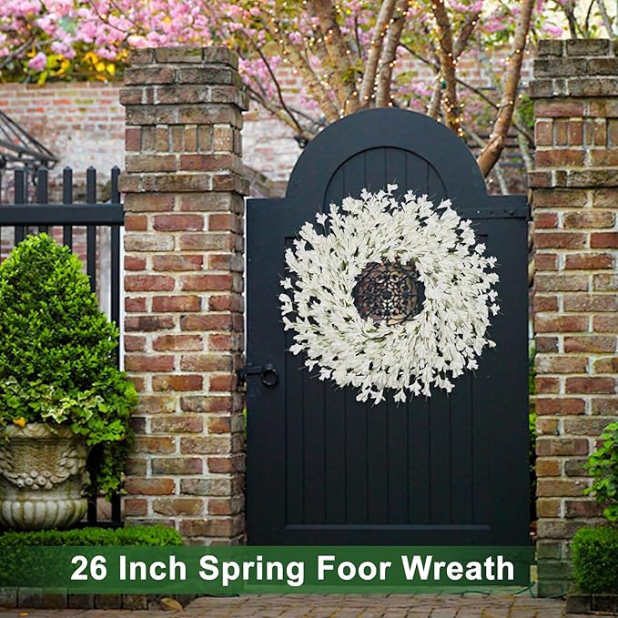 26 Inch Spring Wreaths for Front Door Large Spring Door Wreath Easter Valentines Wild Floral Summer Wreaths Outside All Season for Farmhouse Porch Wall Wedding Living Room Home Decor(White)