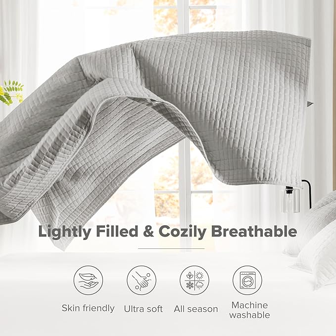 Comfort Spaces Kienna Quilt Set- Double Sided Stitching Design Summer Blanket, Lightweight, Soft, All Season Bedding Layer, Matching Sham, Grey, Coverlet Full/Queen(90"x90") 3 Piece