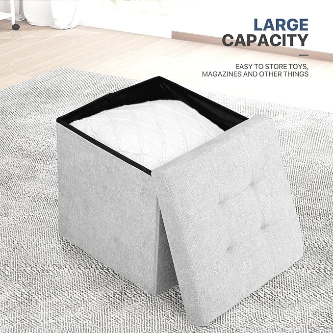 MoNiBloom 15 Inches Storage Ottoman Cube, Folding Square Foot Rest Stool, Small Ottoman Footrest with Storage for Living Room, Bedroom, Entryway, Light Gray