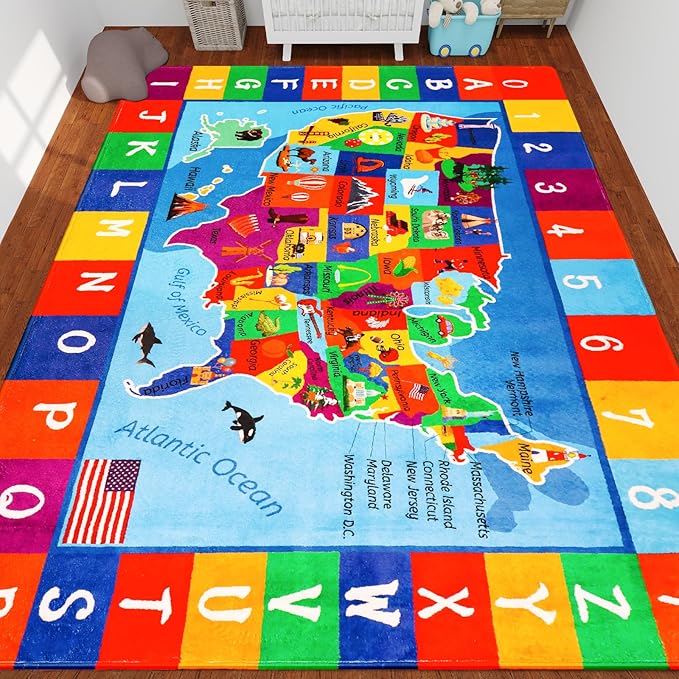 USA Map ABC Kid Rug 118" × 78.7" for Playroom Geography Extra Large Classroom Rug Educational Baby Playmat Alphabet Carpet for Primary School Fluffy Non-Slip Preschool Carpet Nursery Room