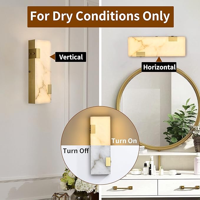 Modern Brass and Alabaster Wall Sconce 14.17in with Spanish Marble and an Elegant Dimmable LED (3000K Warm Light) for Bedroom Living Room Hallway Bathroom