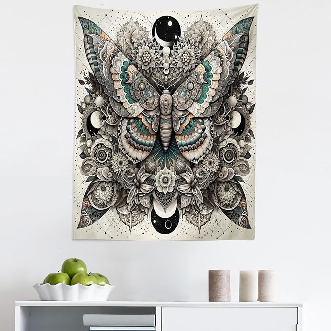 Ambesonne Mandala Tapestry, Medieval Esotery Inspired Oriental Moth with Floral Details Witchcore, Fabric Wall Hanging Decor for Bedroom Living Room Dorm, 23" X 28", Grey Yellow Green Sepia