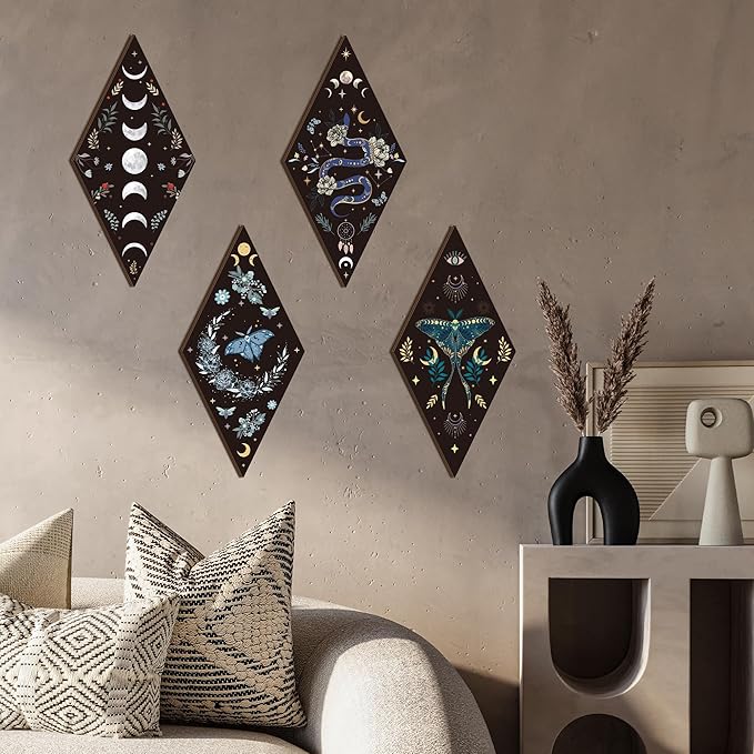 Romart Moon Phase Wall Decor: 4 Pieces Boho Moon Phases Moth Wall Art Wooden Gothic Witchy Hanging Wall Decor Minimalist Wall Pediments for Bedroom Living Room Home Decorations