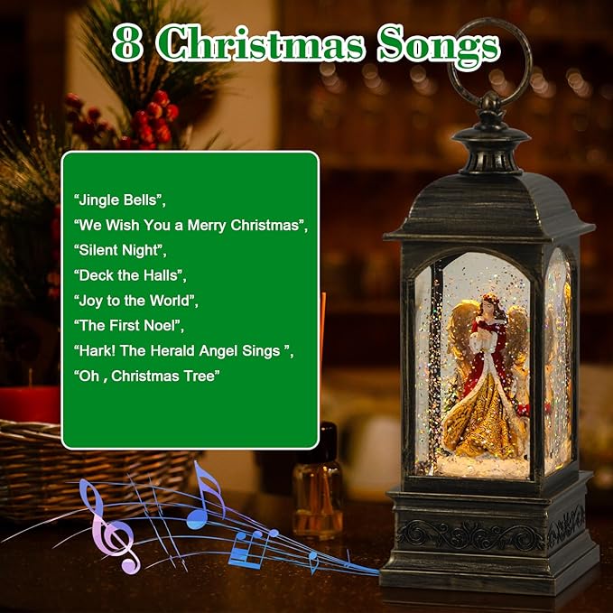 Eldnacele Angel Music Snow Globe Lantern with 6 Hour Timer, Battery Operated & USB Powered Singing Lighted Lamp Swirling Water Glittering Christmas Decoration Holiday Decor Lantern