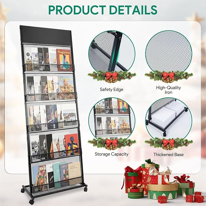 5 Layer Floor Magazine Rack Stand, 70"×27×13.6" Brochure Display Stand with 4 Universal Wheels, Detachable Magazine Display withTop Billboard, for Exhibitions, Shopping Malls, Hospitals, Offices