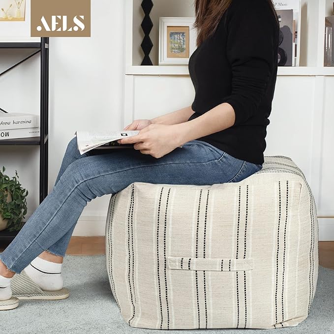 AELS Unstuffed Farmhouse Pouf Cover for Living Room, Boho Storage Bean Bag Cubes, Beige with Black Stitch Yarn Dyed Stripe Square Ottoman Pouf Foot Rest Footstool, 18"x18"x18", Cover ONLY