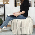 AELS Unstuffed Farmhouse Pouf Cover for Living Room, Boho Storage Bean Bag Cubes, Beige with Black Stitch Yarn Dyed Stripe Square Ottoman Pouf Foot Rest Footstool, 18"x18"x18", Cover ONLY