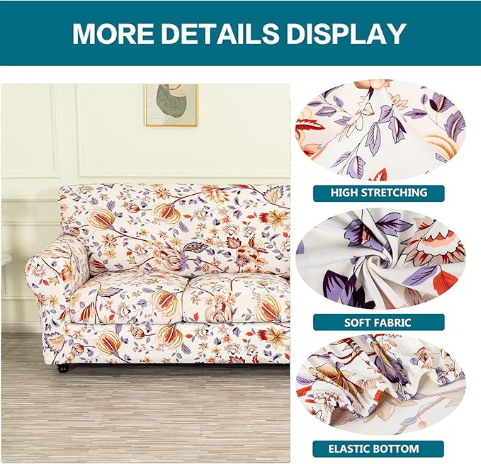 KRFOONN 4 Piece Printed Sofa Couch Cover for 3 Cushion Couches Stretch Sofa Slipcovers with 3 Separate Seat Cushion Covers Washable Furniture Protector with Elastic Bottom (Sofa, 53)