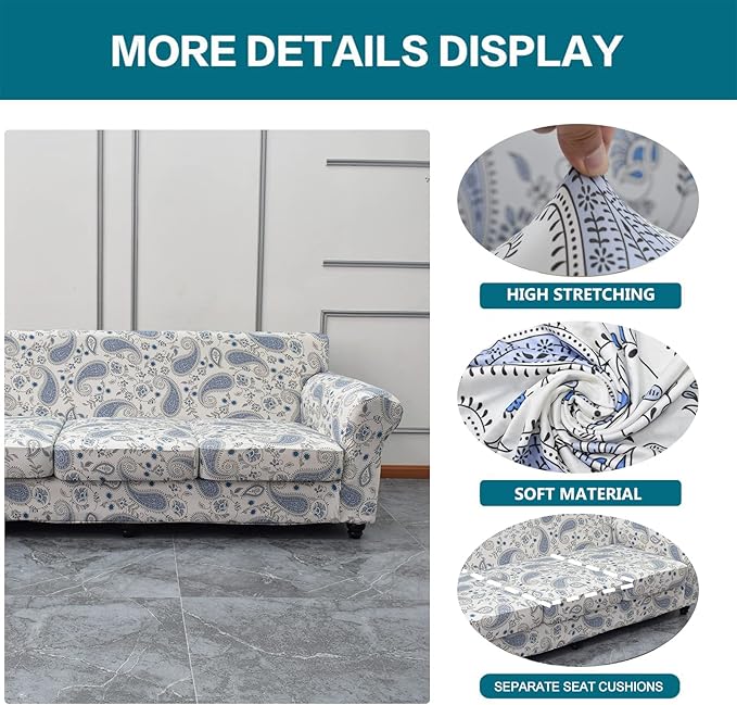 KRFOONN 4 Piece Stretch Sofa Couch Covers for 3 Cushion Couches Printed Sofa Slipcover with 3 Separate Seat Cushion Covers Washable Sofa Slip Covers Furniture Protector for Pets Kids (Large, 19)