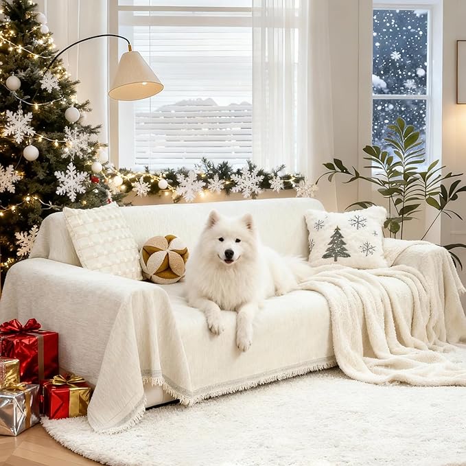 Couch Cover for Dogs, Non Slip Sofa Cover, Washable Couch Covers, 2 Cushion Sofa for Dogs Furniture Protector with Tassels Chenille Sofa Covers for Pets (Vertical Grain Beige)