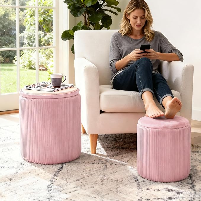 CAROLMADE Set of 2 Round Ottoman with Storage, Upholstered Vanity Stool Support 330lbs Multifunctional Coffee Table Ottoman Velvet Foot Rest Stool or Living Room Bedroom Dorm (Pink)