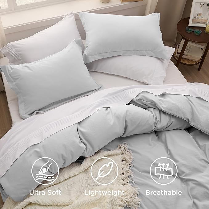 Bedsure Light Grey Duvet Cover King Size - 3 Pieces Prewashed Cotton-Like Polyester Extra Soft Bedding Set, Includes 1 Duvet Cover 104x90 Inches with Zipper Closure & 2 Pillow Shams, No Comforter