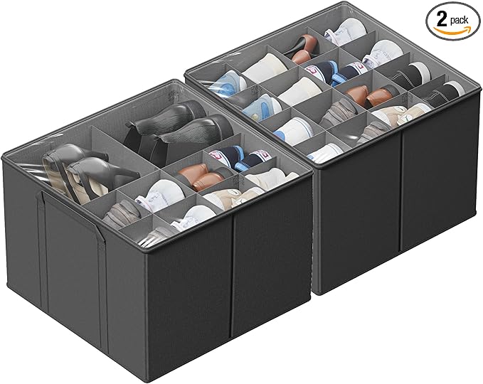 SUOCO 2 Pack Shoe Organizer for Closet, Fits up to 32 Pairs, Small Space Shoe Storage Boxes Bins Containers w/Adjustable Dividers and Clear Top, Grey