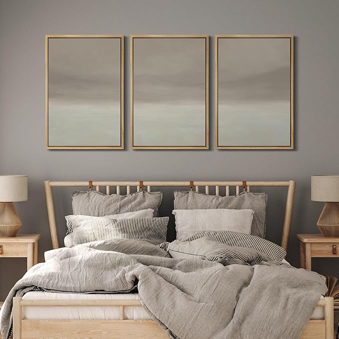 MUDECOR Framed Wall Art Print Set Misty Horizon Minimalist Foggy Mountain Landscape in Soft Neutral Tones Illustrations Realism Decorative for Living Room, Bedroom, Office - 16"x24"x3 Natural