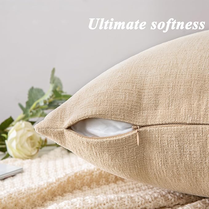 GAWAMAY Decorative Chenille Throw Pillow Covers 24x24 Inch Pack of 2, Soft Square Couch Pillow Cover for Sofa Cushion Living Room Bedroom Solid Dyed Pillowcases Beige 60x60cm (ONLY Covers)