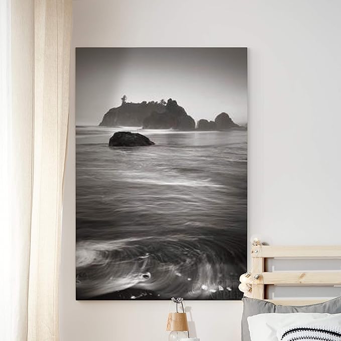 Renditions Gallery Canvas Nature Wall Art Modern Paintings Decorations Vintage Calm Ocean Rock Black & White Wall Hanging Scenic Artwork for Bedroom Dining Office Kitchen - 18"x27" LT06