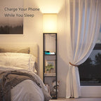SUNMORY Shelf Lamp with Remote Control, Stepless Color Temperature & Dimmable, Floor Lamp with Shelves with 2 Usb Charging Ports and 2-Hole Socket, Solid Wood Tall Lamps for Living Room, Bedroom，Black