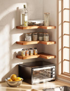 BATODA Acacia Wood Corner Floating Shelves 17" x 12"– Corner Shelf Wall Mounted - Floating Book Shelves for Wall - Brackets and Shelving Hardware Included for Kitchen, Living Room, Bathroom (Set 2)