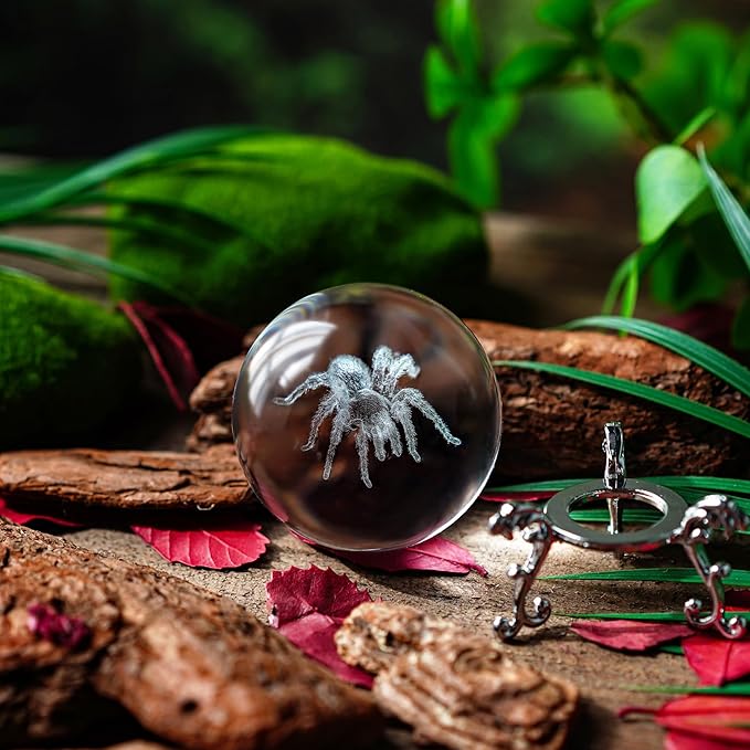 HDCRYSTALGIFTS 60mm 3D Spider Crystal Ball Halloween Decor with Stand 3D Laser Engraved Tarantula Animal Figurine Prop Decorative Glass Full Sphere Table Paperweight