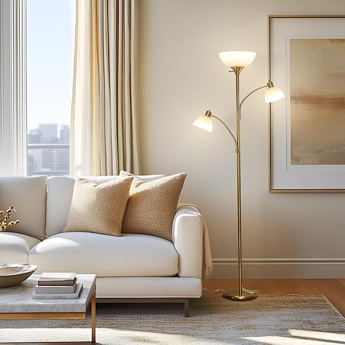 Brightech Sky Dome Double LED Floor lamp, Torchiere Super Bright Floor Lamp with 2 Reading Lamps for Living Rooms & Offices - Dimmable Tall Standing Lamp for Bedroom Reading - Tall Brass Pole