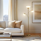 Brightech Sky Dome Double LED Floor lamp, Torchiere Super Bright Floor Lamp with 2 Reading Lamps for Living Rooms & Offices - Dimmable Tall Standing Lamp for Bedroom Reading - Tall Brass Pole