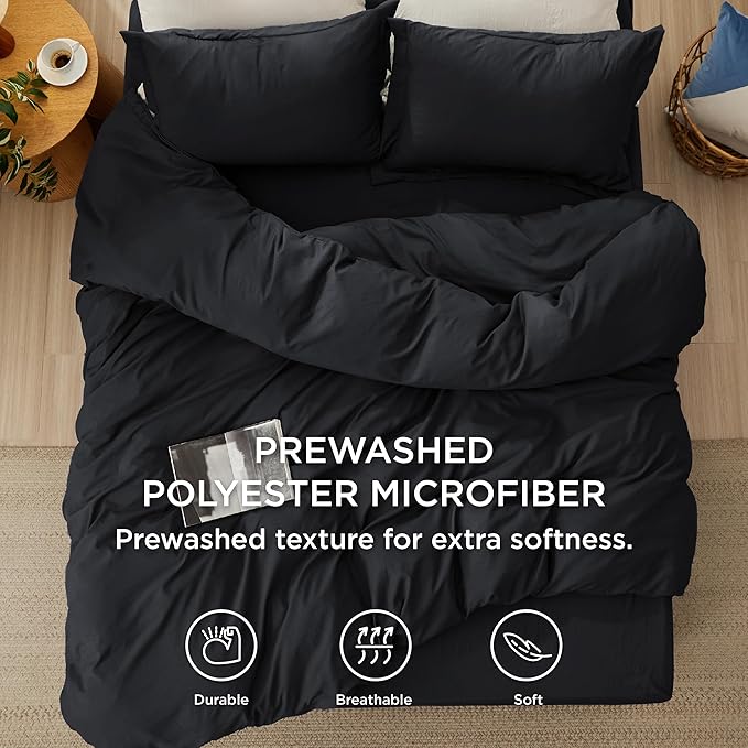 Bedsure Duvet Cover King Size with Fitted Sheet - 4 Pieces Prewashed Cotton-Like Extra Soft Bedding Set, Includes 1 Duvet Cover 104x90 Inches with Zipper Closure, 2 Pillow Shams, 1 Fitted Sheet, Black
