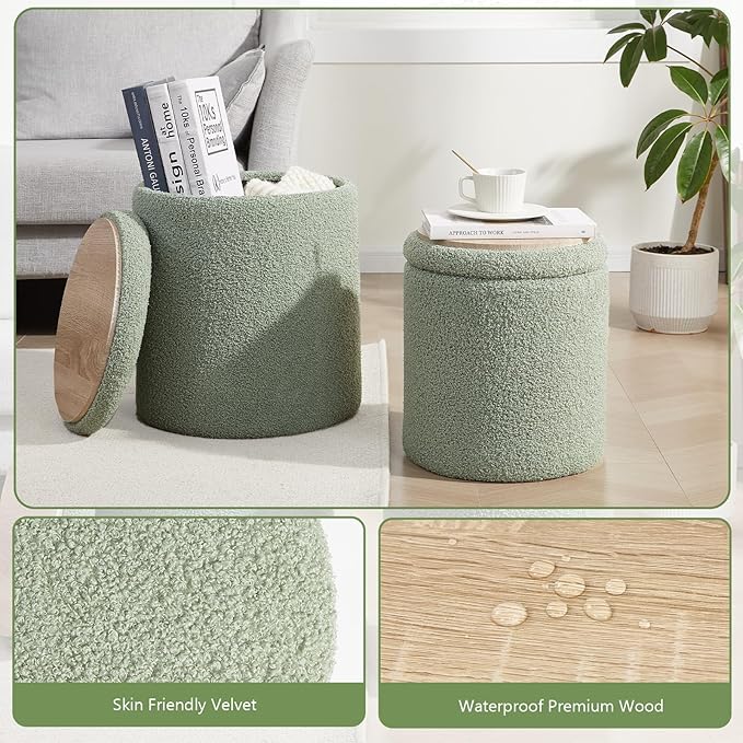 Royal Windsor Boucle Round Ottoman with Storage Set of 2,Small Foot Stool Ottoman for Living Room,Small Coffee Table, Vanity Stool with Storage for Bedroom, Green