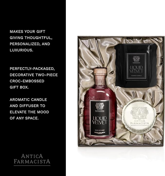 Antica Farmacista Nickel Home Ambiance Gift Set - Luxury Scented Candle (9 oz), Reed Diffuser (8.4 fl oz) & Nickel-Plated Tray - Home Decor Gift Box - Liquid Velvet