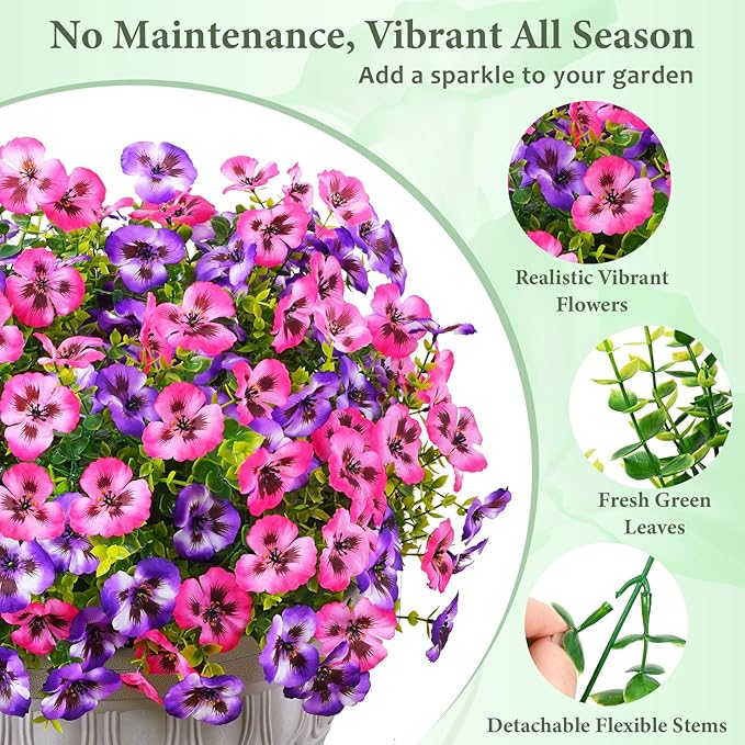 MARTINE MALL 18 Bundles Look Real Artificial Flowers for Outdoors, Realistic Fake Outdoor Flowers, UV Resistant Silk Pansy Flowers for Outside Faux Flowers Plants for Outdoor Porch Patio, Pink+Purple
