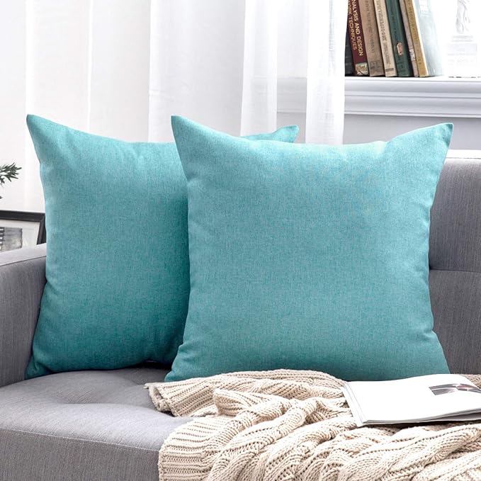 MIULEE Pack of 2 Decorative Outdoor Solid Waterproof Throw Pillow Covers Euro Sham Faux Linen Garden Farmhouse Coastal Cushion Cases for Summer Patio Tent Balcony Couch Sofa 22x22 Inch Turquoise